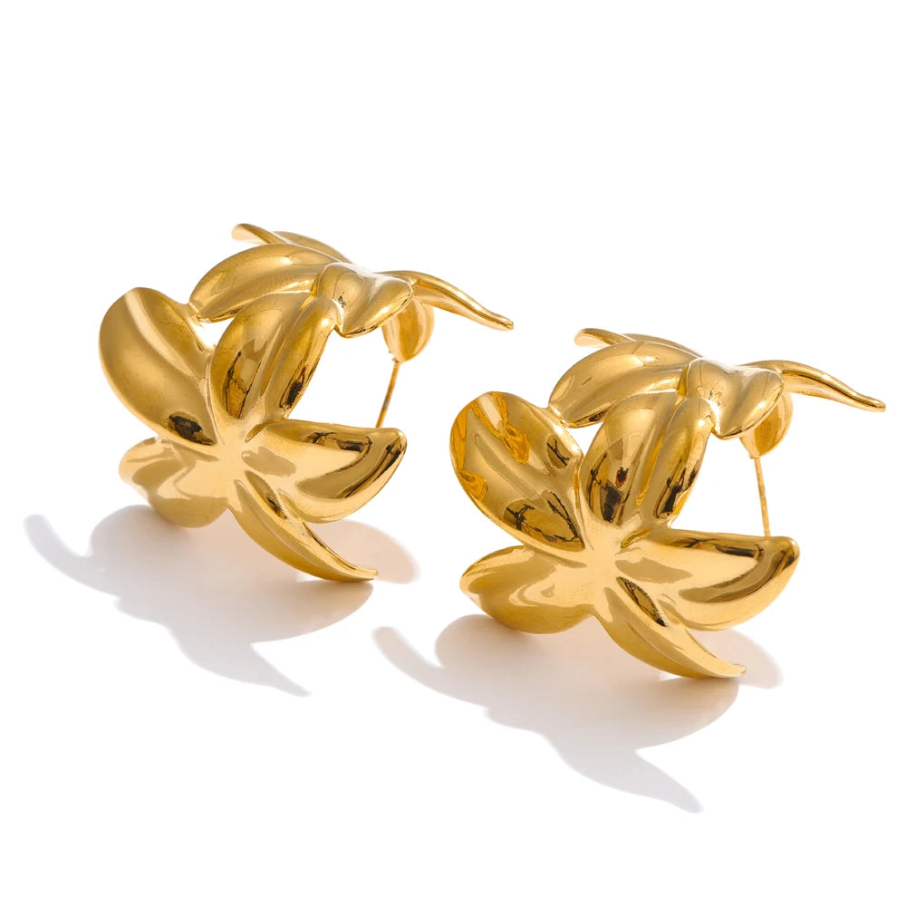 Green Pink Enamel Golden Flower Statement Earrings