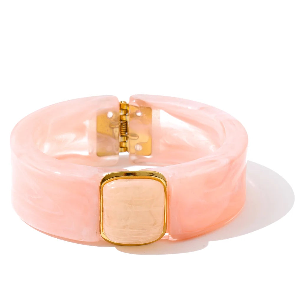 Chunky Statement Bangle with Gold Detailing Green Pink Beige Amber