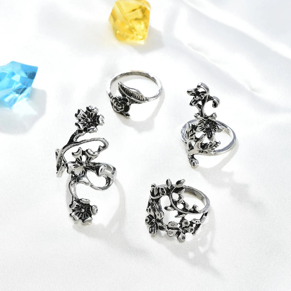 Vine Leaf Flower Ring Vintage Punk Antique Ring Set