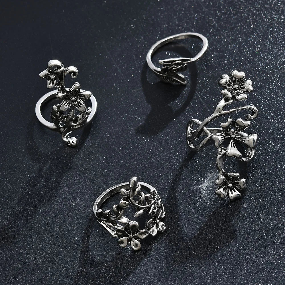 Vine Leaf Flower Ring Vintage Punk Antique Ring Set