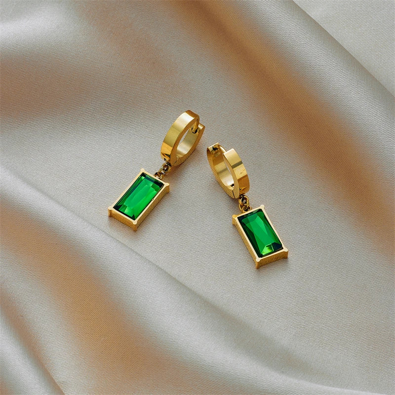 Square Green Crystal Drop Earrings