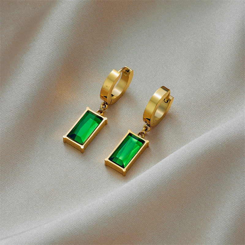 Square Green Crystal Drop Earrings