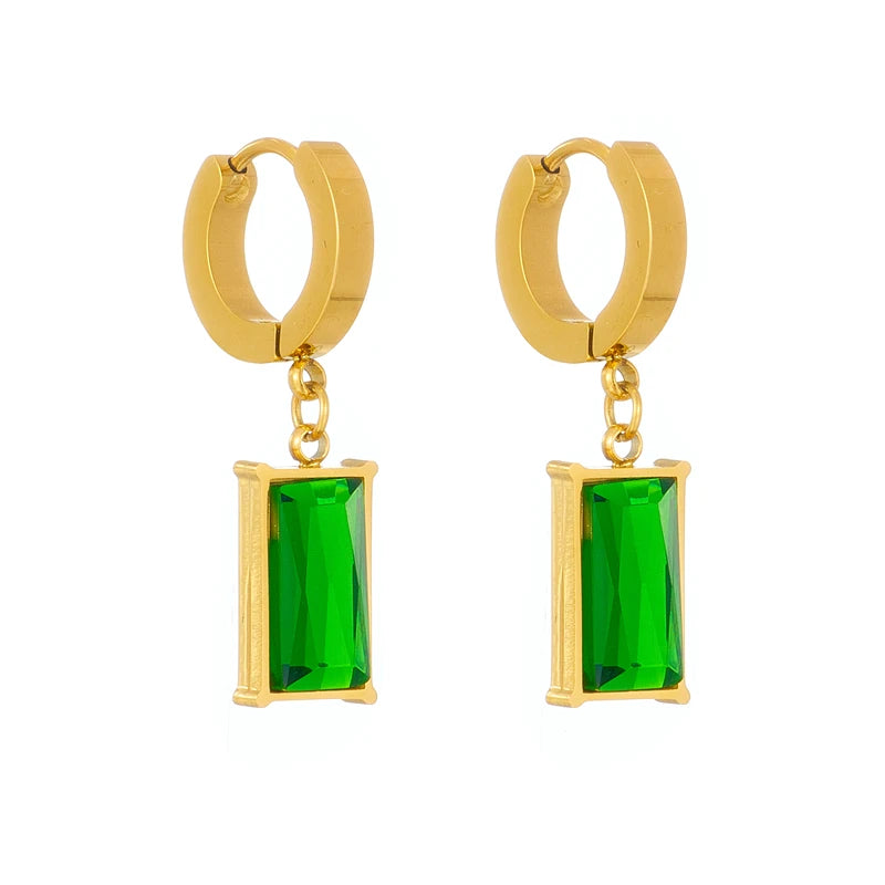 Square Green Crystal Drop Earrings