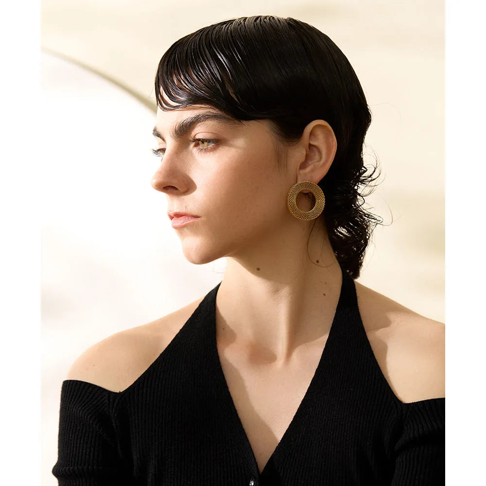 Stainless Steel Round Hollow Big Stud Earrings