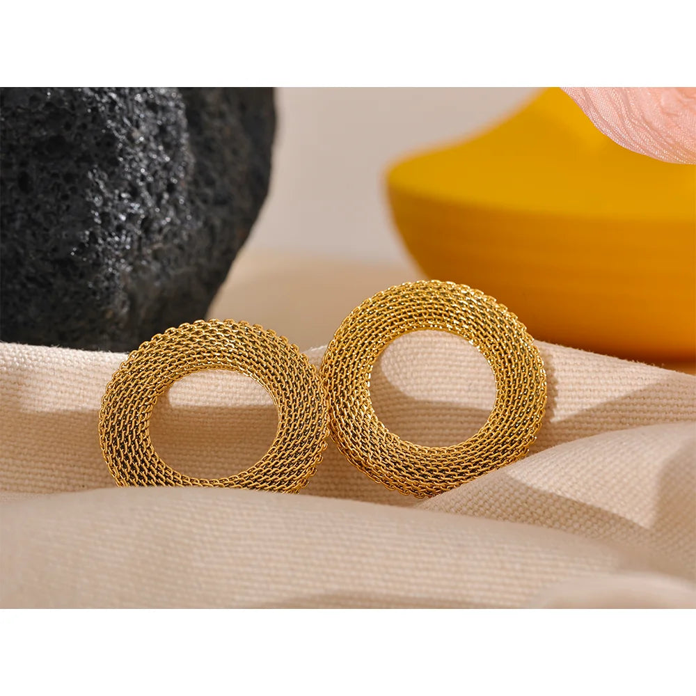 Stainless Steel Round Hollow Big Stud Earrings