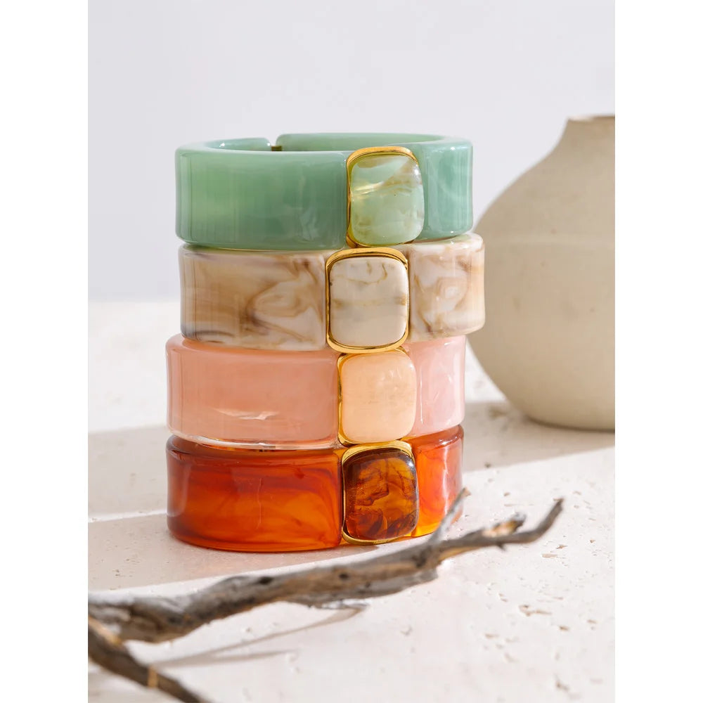 Chunky Statement Bangle with Gold Detailing Green Pink Beige Amber