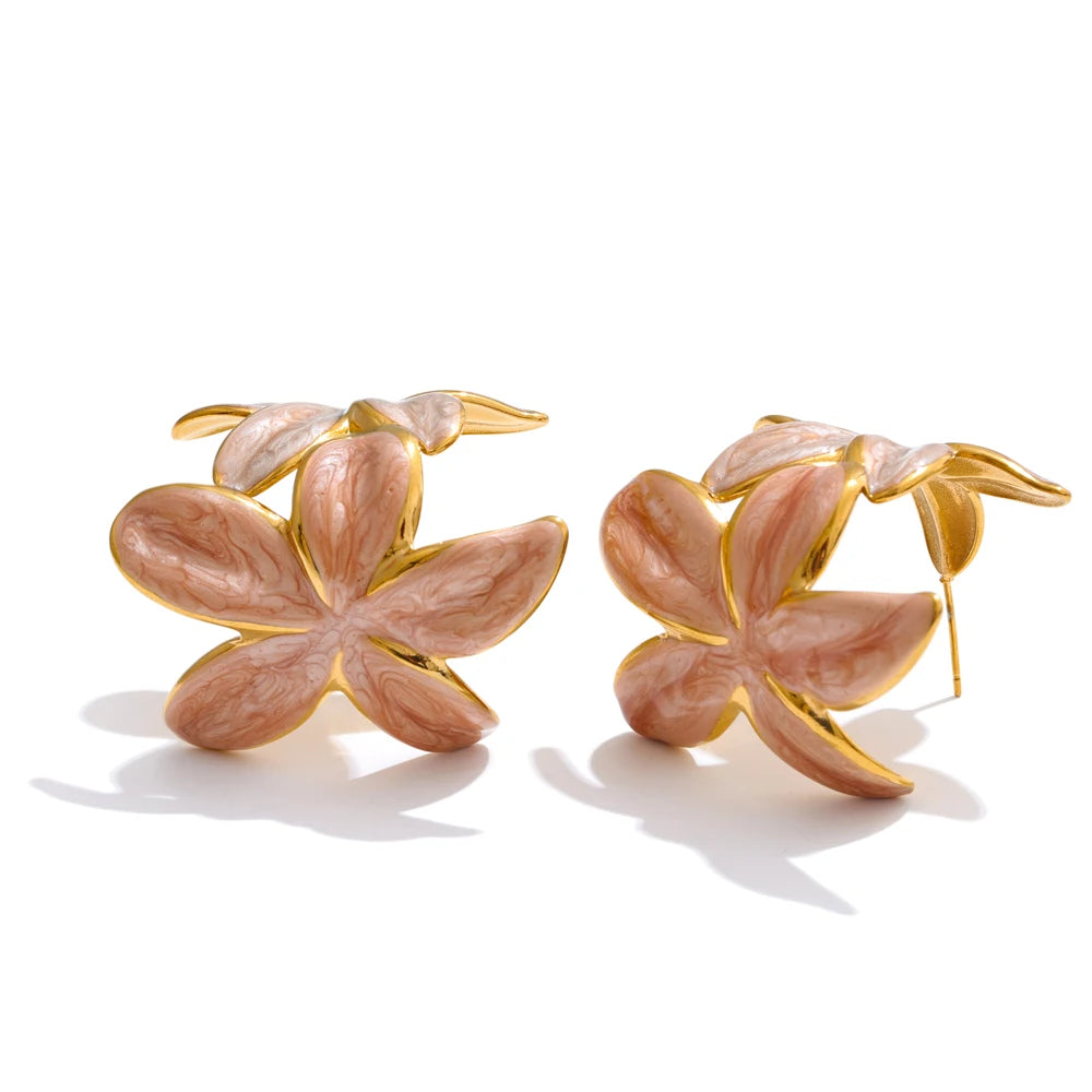 Green Pink Enamel Golden Flower Statement Earrings