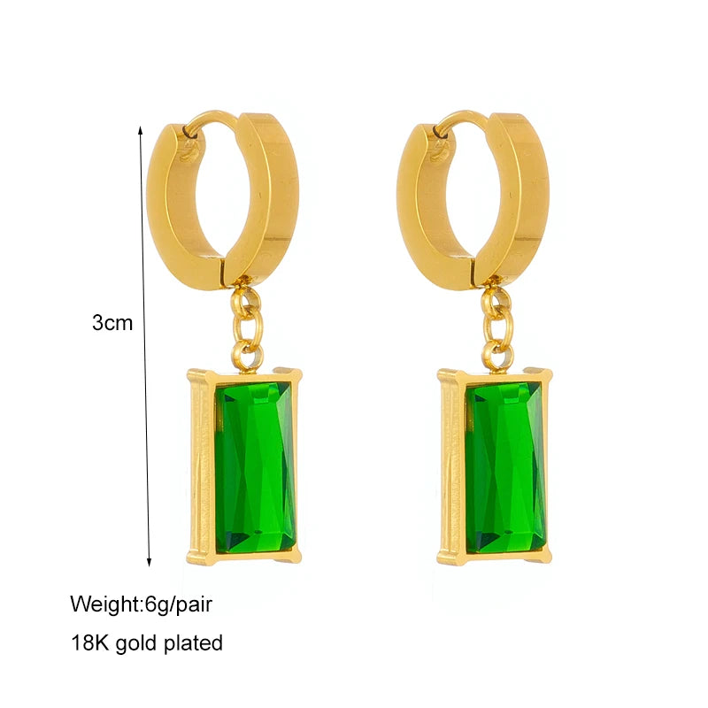 Square Green Crystal Drop Earrings