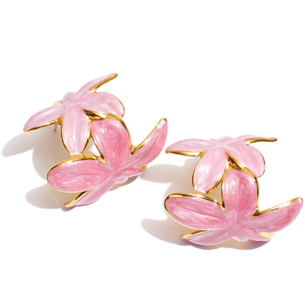 Green Pink Enamel Golden Flower Statement Earrings