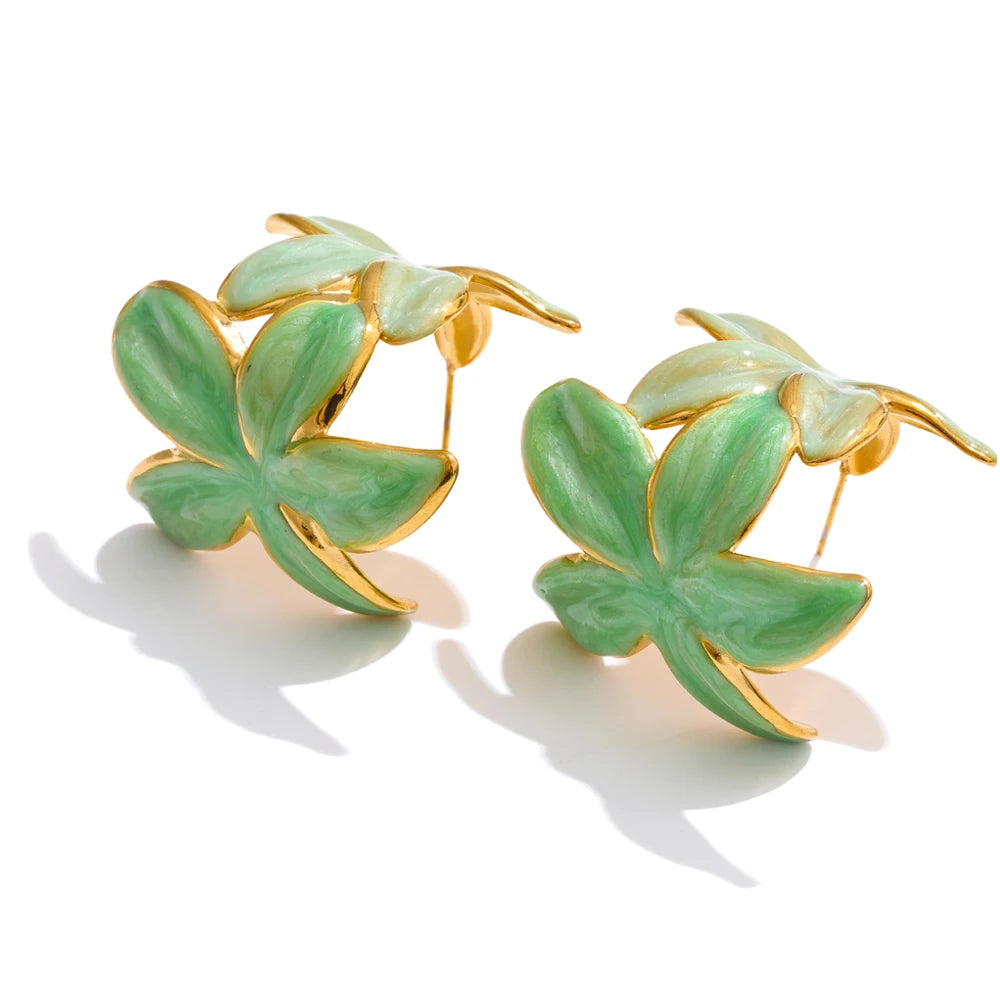 Green Pink Enamel Golden Flower Statement Earrings