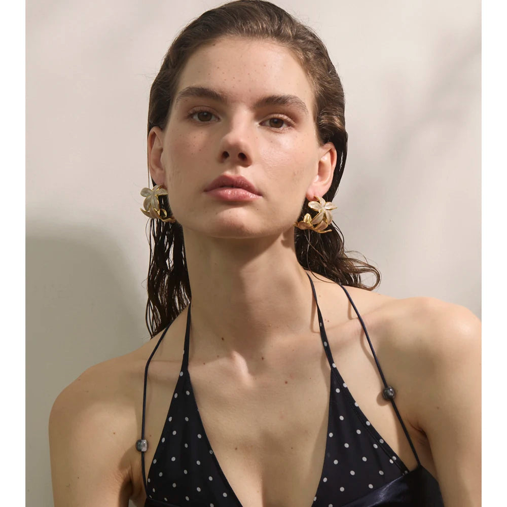 Green Pink Enamel Golden Flower Statement Earrings