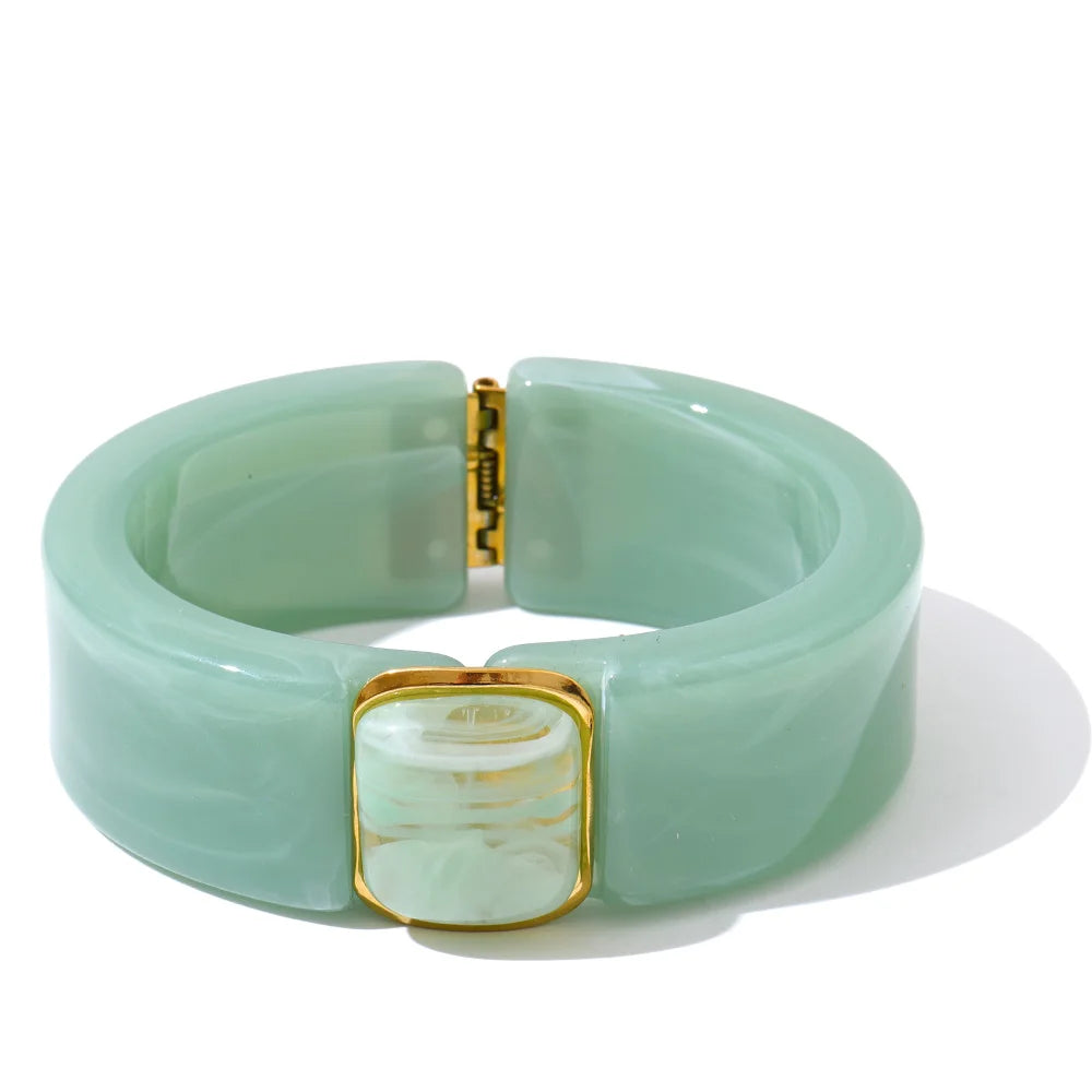 Chunky Statement Bangle with Gold Detailing Green Pink Beige Amber