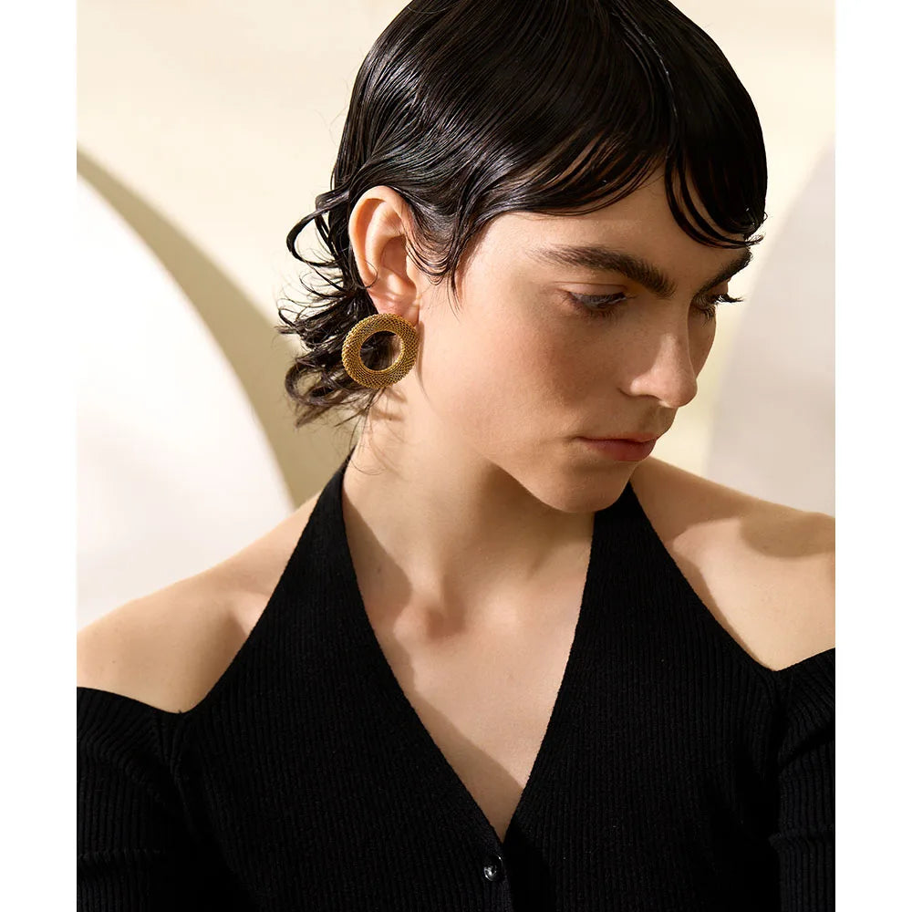 Stainless Steel Round Hollow Big Stud Earrings