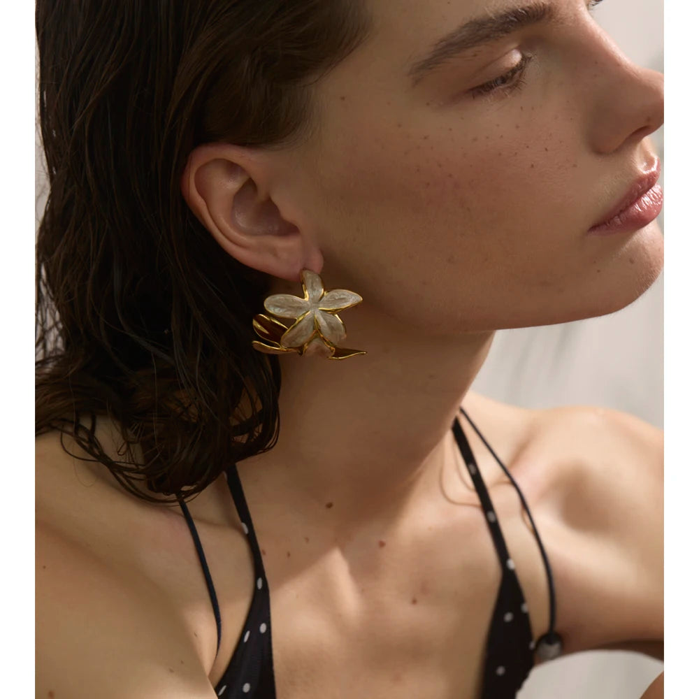 Green Pink Enamel Golden Flower Statement Earrings